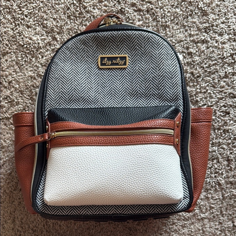 itz-ritzy Herringbone Mini Backpack - Black, White & Brown